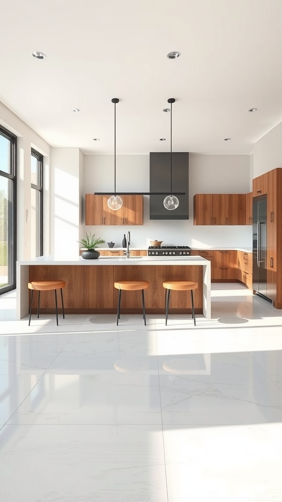 A modern kitchen with wooden cabinets and glossy white epoxy flooring.