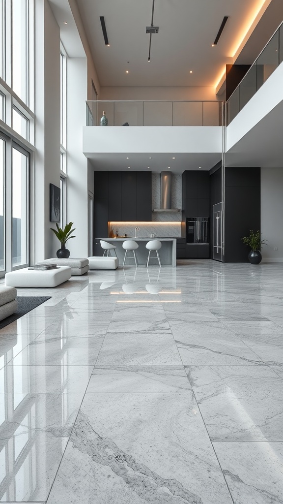 Modern interior with minimalist monochrome design featuring shiny epoxy flooring.