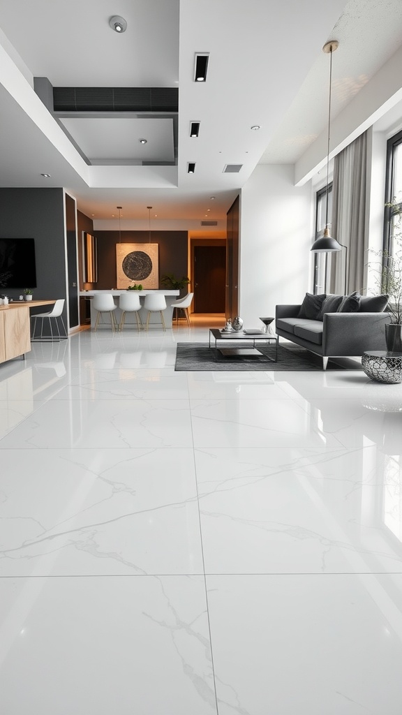 Minimalist interior with white and grey epoxy flooring