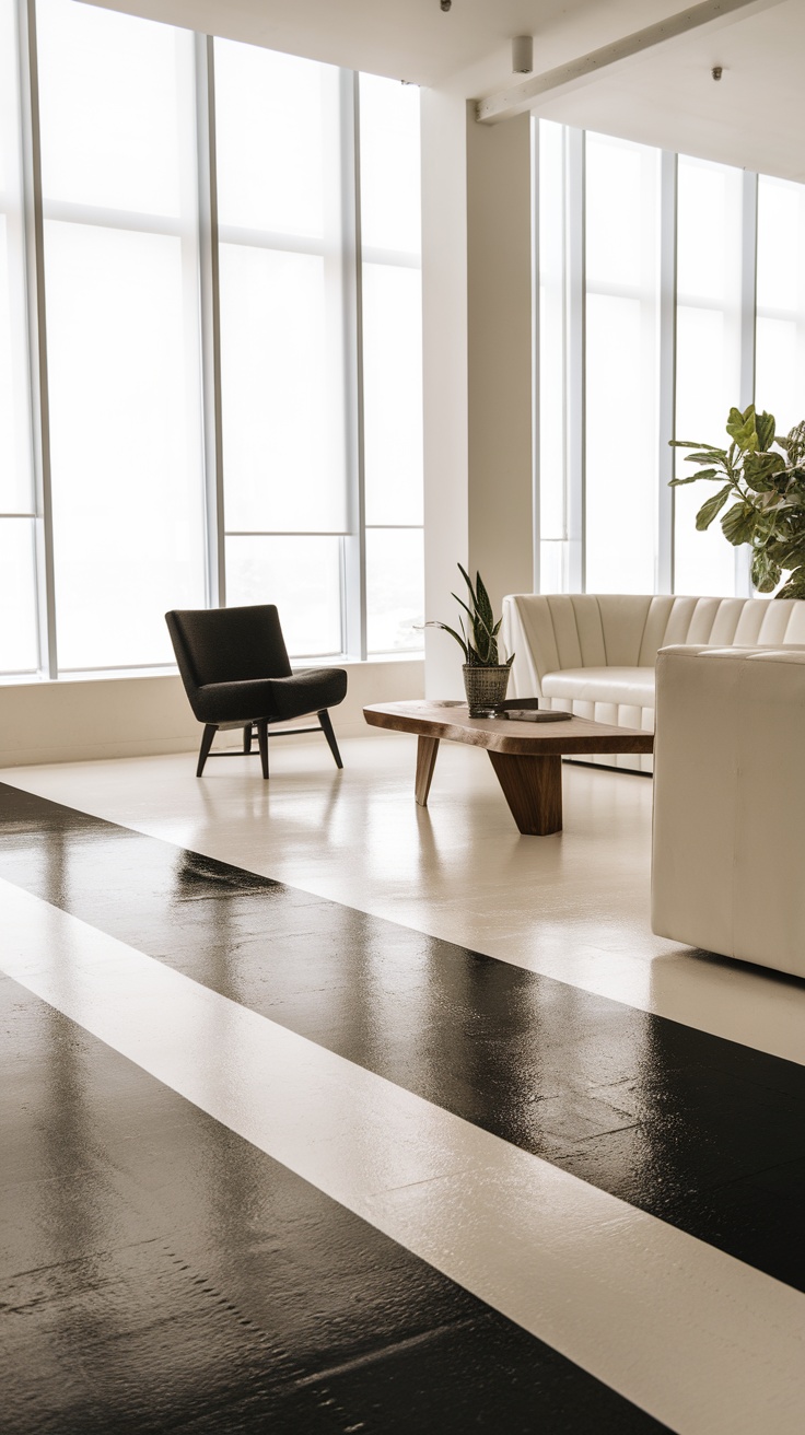 A spacious modern interior featuring sleek monochrome epoxy flooring with a child walking on it.