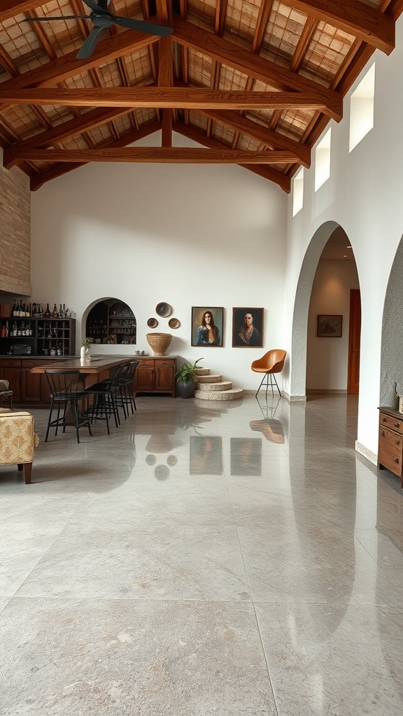 A rustic interior with a polished epoxy floor and wooden ceiling, showcasing a warm and inviting atmosphere.