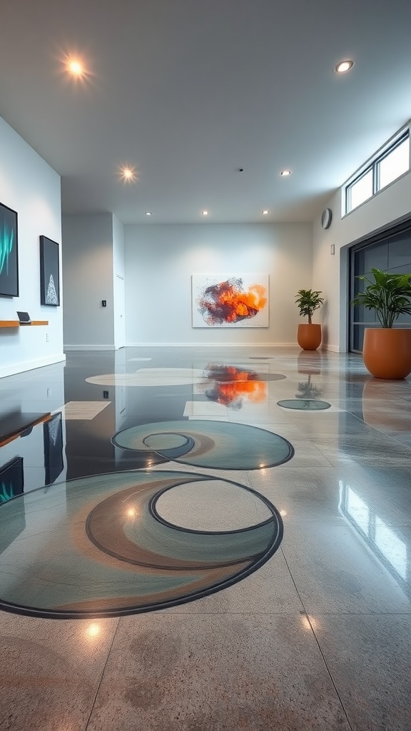 A minimalist Scandinavian style interior featuring a glossy epoxy concrete floor with gentle curves and colors, complemented by artwork and plants.