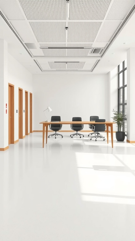 A minimalist office space featuring a solid white epoxy floor, a wooden table, black chairs, and large windows.