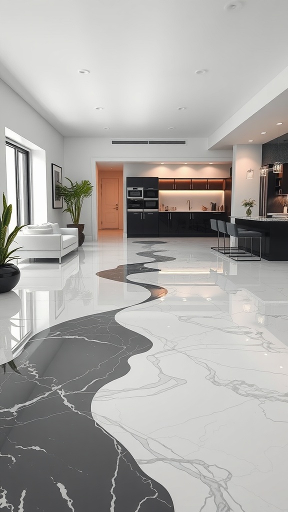 A modern kitchen with minimalist white epoxy flooring featuring black marble-like patterns.