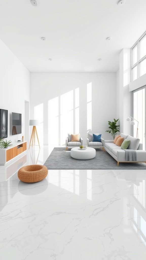 Bright living room with minimalist white epoxy flooring and modern furniture.