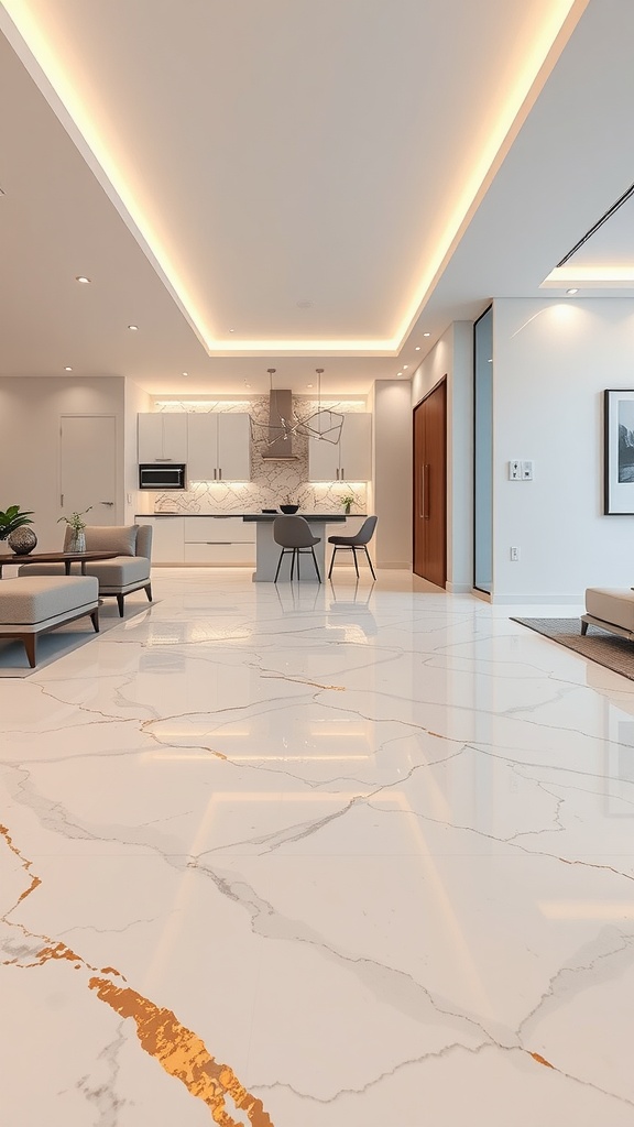 A modern living space featuring minimalist white epoxy floors with golden marbling and elegant furnishings.