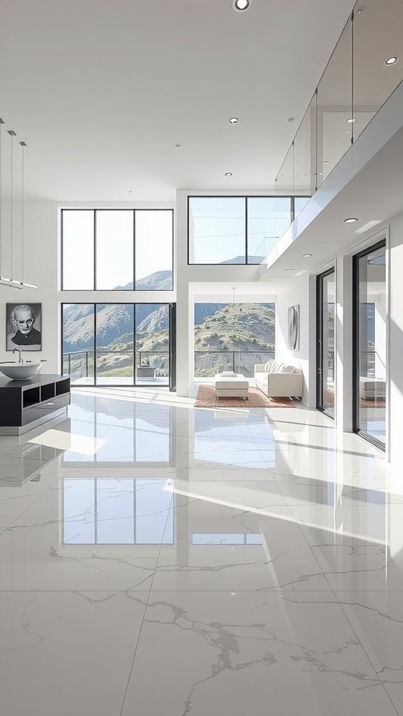 Interior of a hillside home showcasing minimalist white marble effect epoxy flooring with large windows and mountain views.
