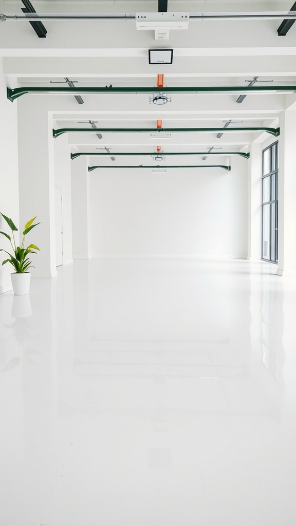 A minimalist white room with green accents from a plant.