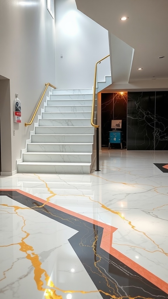 A modern staircase with white epoxy flooring featuring a white and gold marble design