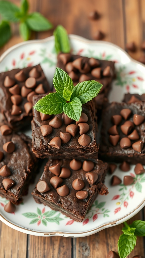 Mint chocolate chip brownies with chocolate chips on top