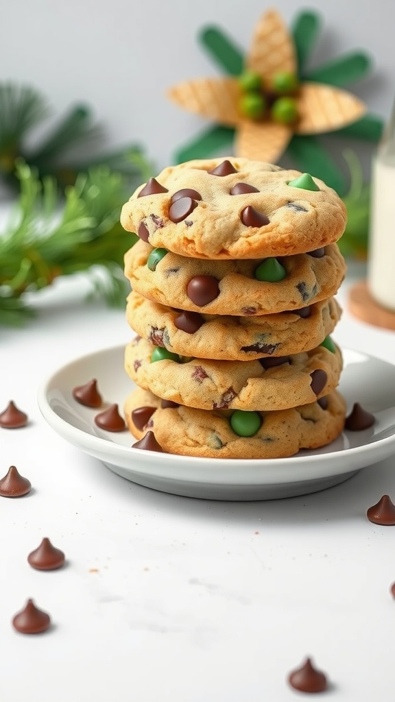 Mint chocolate chip cookies stacked on a plate, surrounded by chocolate chips.
