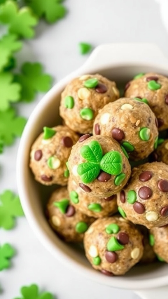 Mint chocolate chip energy bites in a bowl