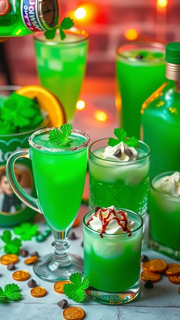 A refreshing green Mint Chocolate Chip Mocktail garnished with mint leaves and chocolate shavings, perfect for St. Patrick’s Day.