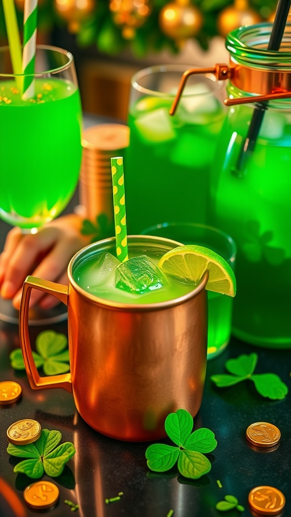 Minted Shamrock Mule cocktail served in a copper mug with mint leaves and lime garnish.