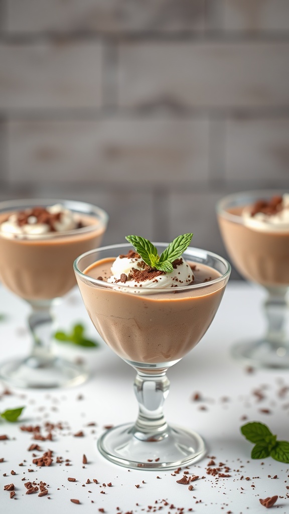 Minty chocolate mousse served in elegant cups with chocolate shavings and mint leaves