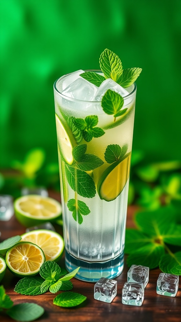A refreshing Minty Mojito cocktail with mint leaves and lime slices