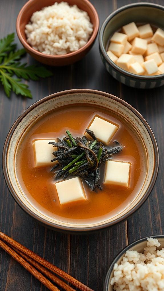 A bowl of miso soup with tofu and seaweed, accompanied by rice and extra tofu.