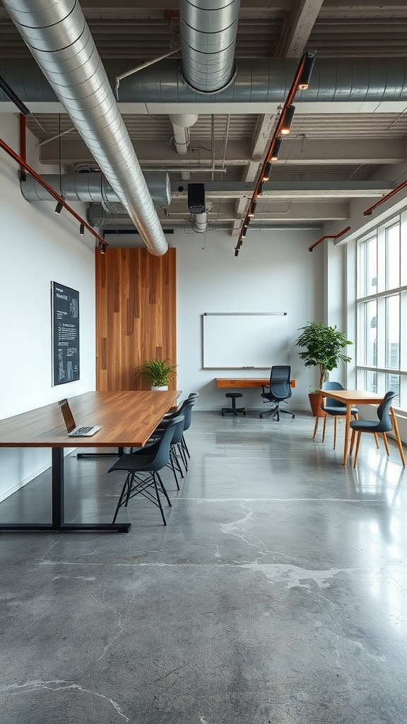 Modern interior with polished concrete epoxy floor and wooden accents