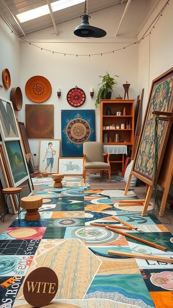 A cozy studio with an eclectic mixed media epoxy floor, featuring colorful tiles and various artworks on the walls.