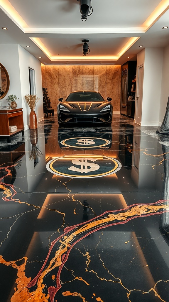 A luxurious metallic epoxy floor in a modern garage featuring bold colors and a dollar sign design.
