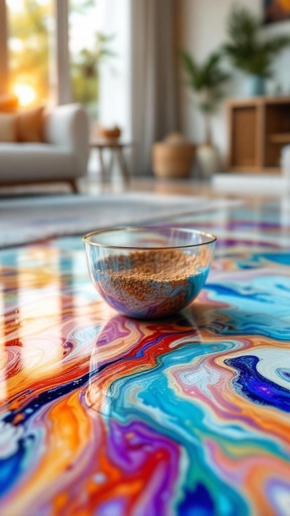 Vibrant epoxy floor with colorful swirls and a bowl on top