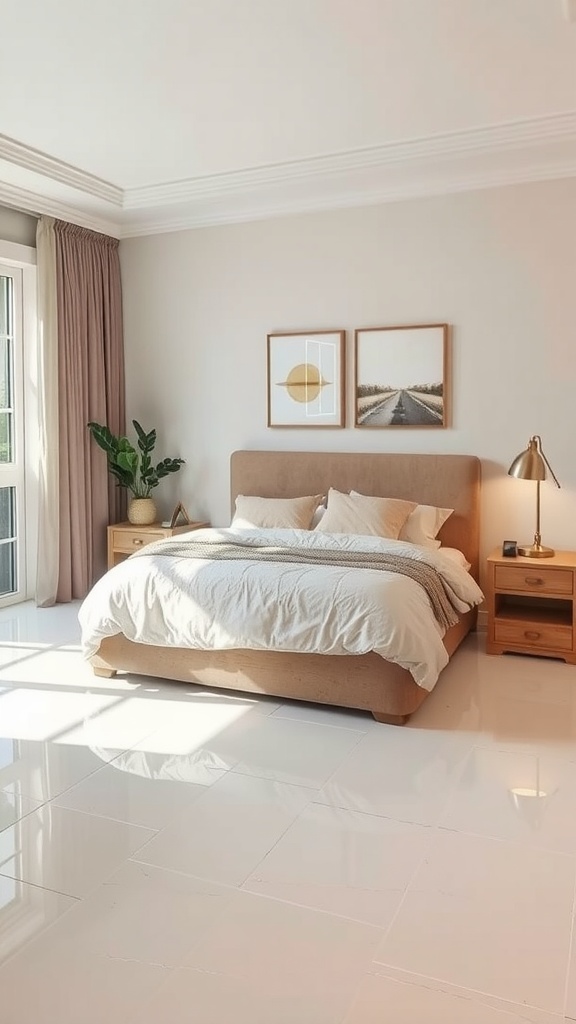 Cozy bedroom with epoxy floor featuring a unique design and soft furnishings