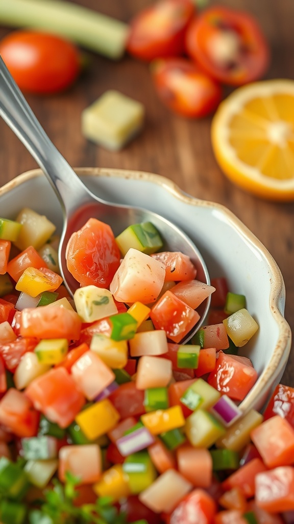 A bowl of fresh Pico de Gallo salad with diced tomatoes, onions, and peppers.