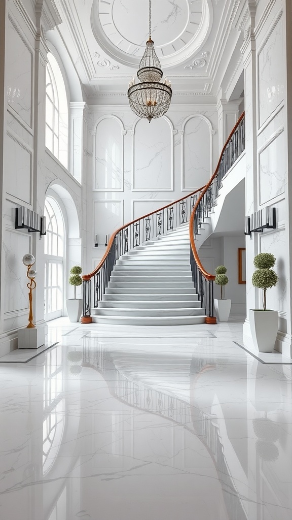 Grand staircase with a combination of wood and epoxy flooring, featuring a sleek design and natural light.