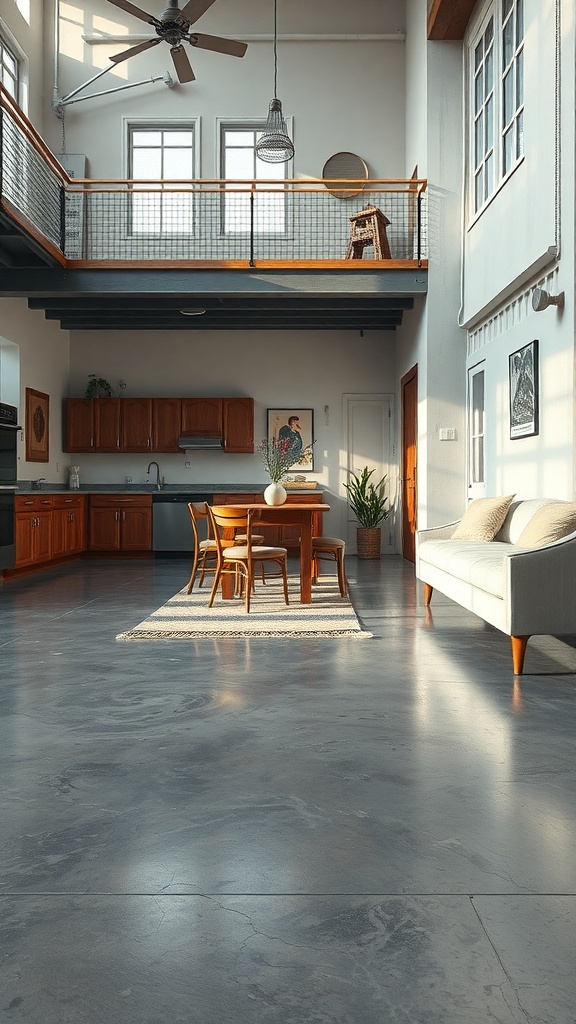 Interior space featuring polished concrete floors with wooden furniture and bright natural light.