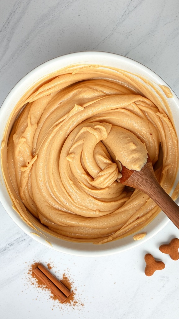 Bowl of creamy batter for cinnamon sugar donut muffins, with cinnamon sticks and sugar around.