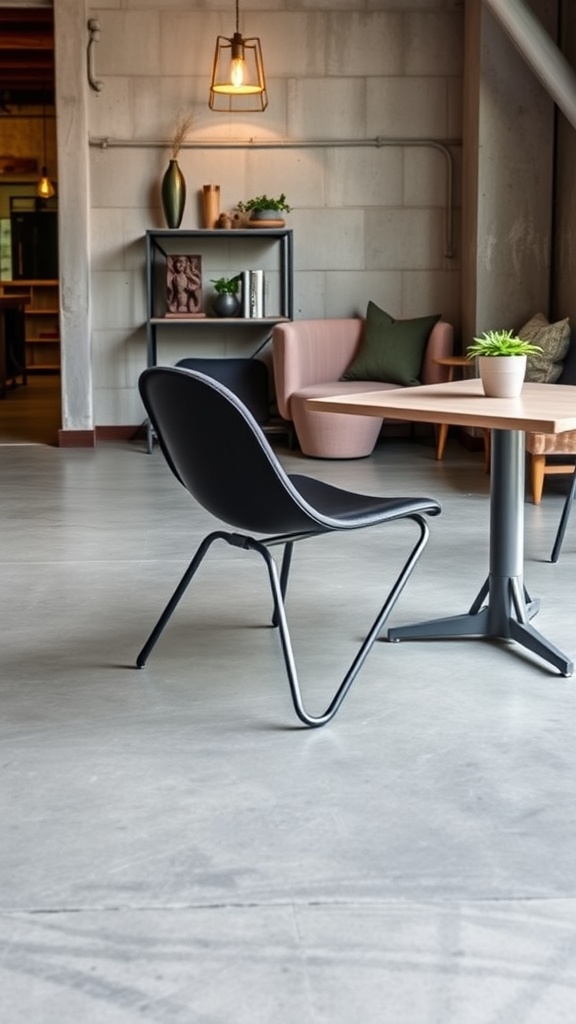 Minimalist interior with grey polished concrete floor, modern orange chair, and black table under soft lighting.