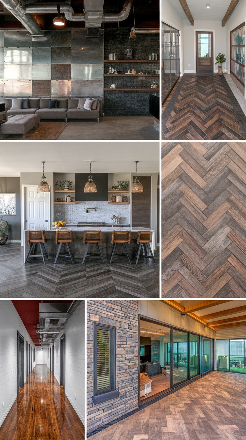 A collage of modern interiors featuring wood grain stamped concrete floors in herringbone patterns and various wood tones.