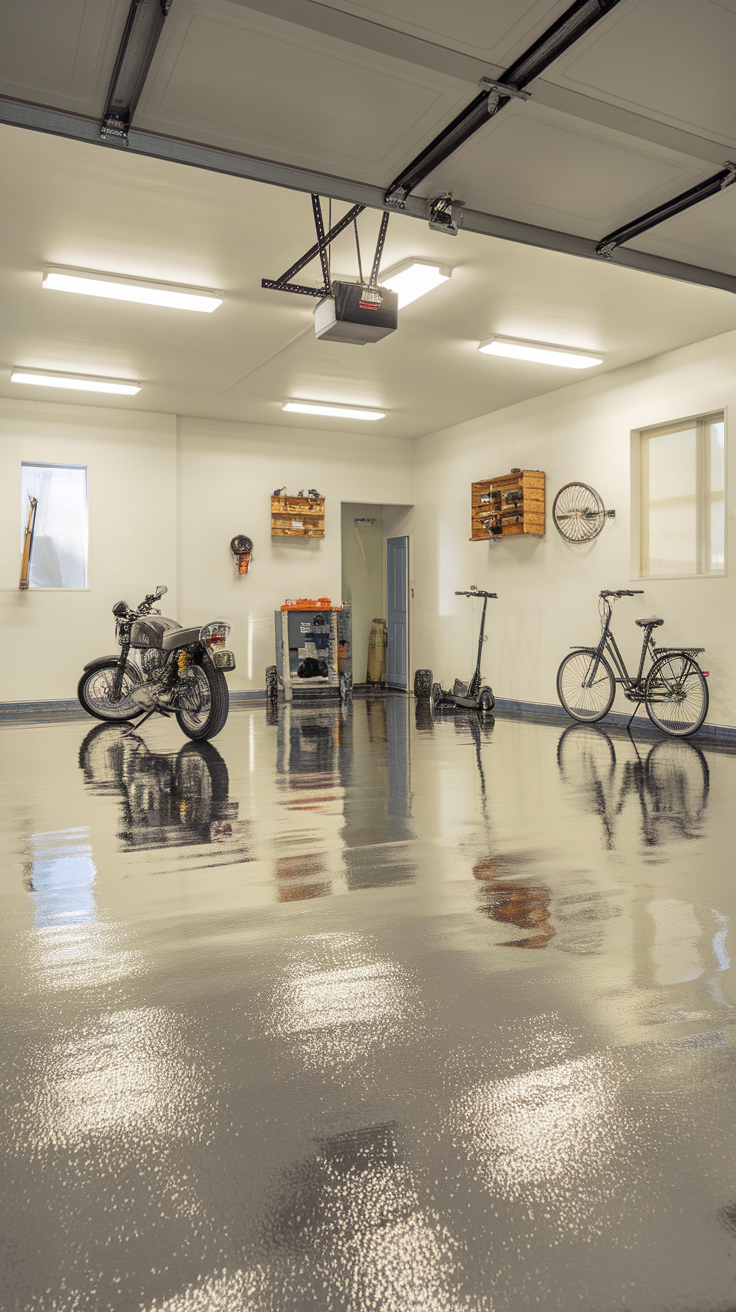 A modern garage with a glossy metallic epoxy floor, featuring bikes and tools.