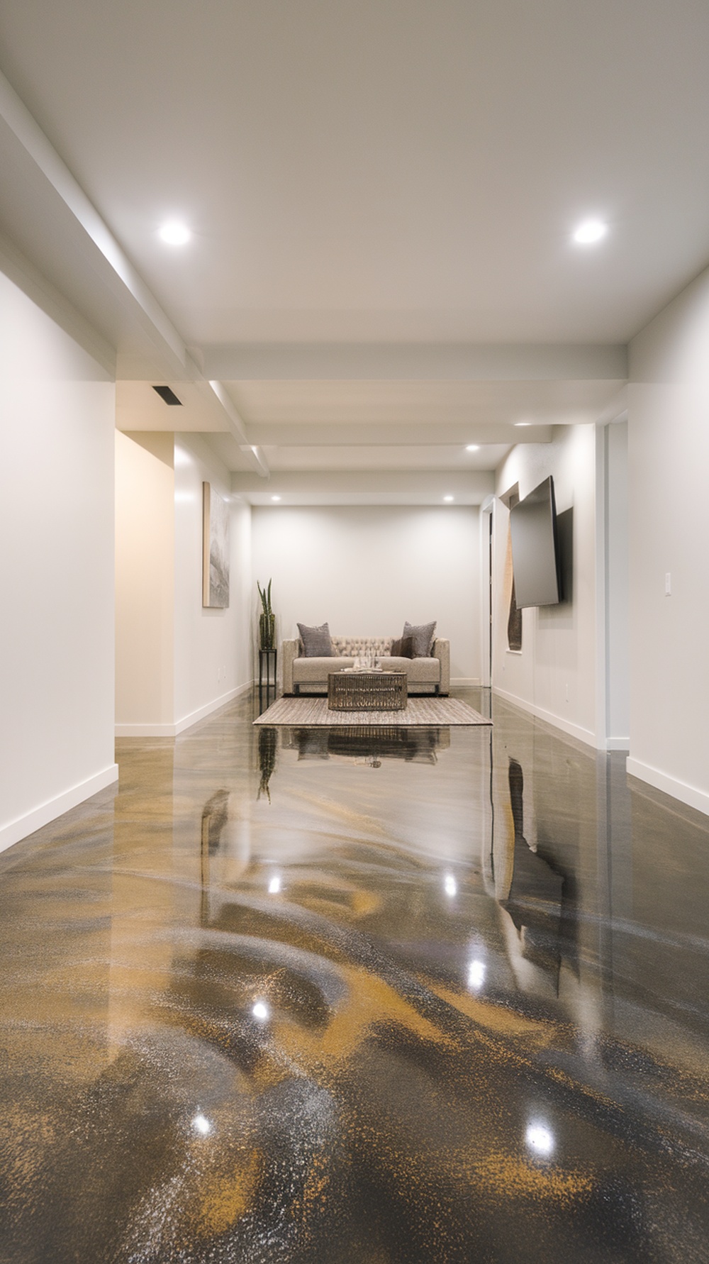 A modern basement with polished metallic epoxy flooring, featuring a cozy couch and minimal decor.