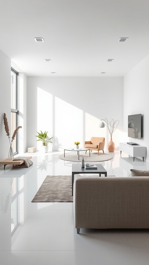 A modern living room featuring glossy white epoxy flooring and minimalist furniture.
