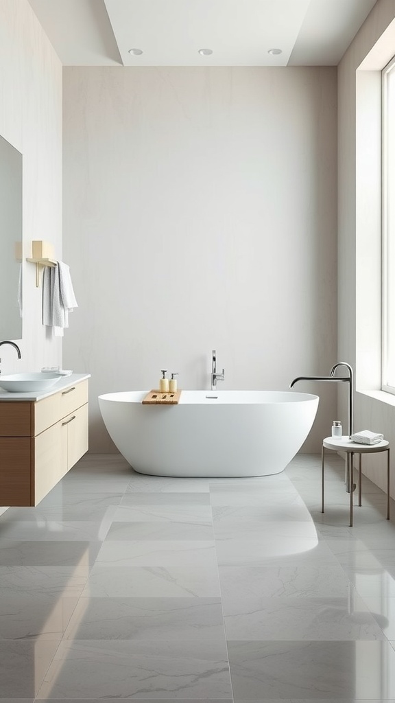 A modern bathroom featuring a minimalist design with gray epoxy flooring, a freestanding tub, and natural light.