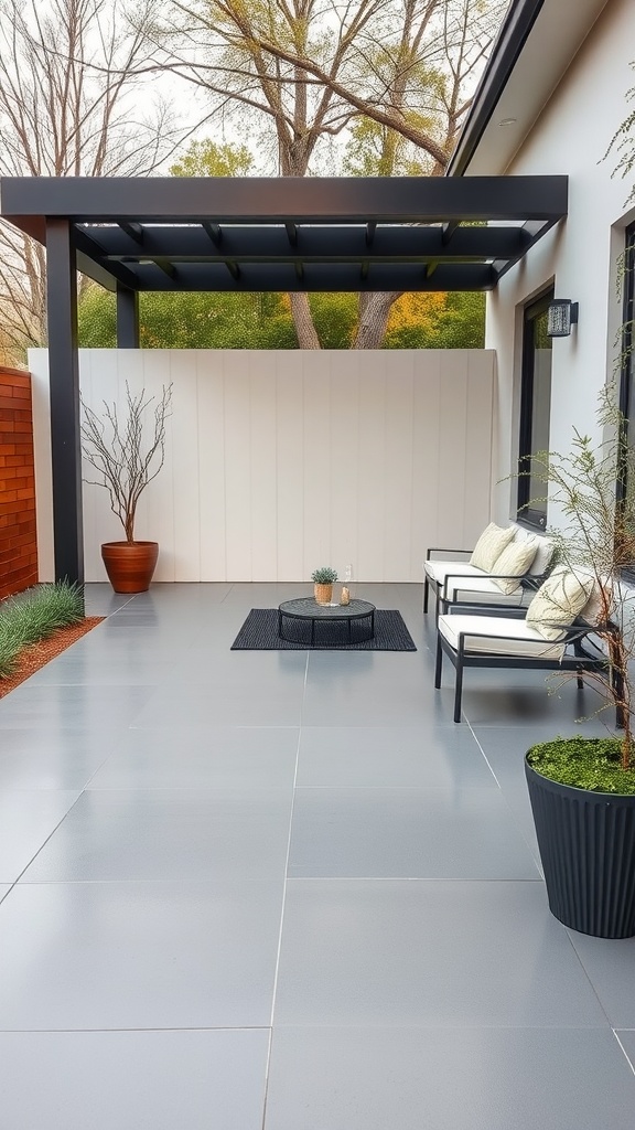 A modern minimalist outdoor patio with epoxy flooring, featuring a simple seating area and plant pots.