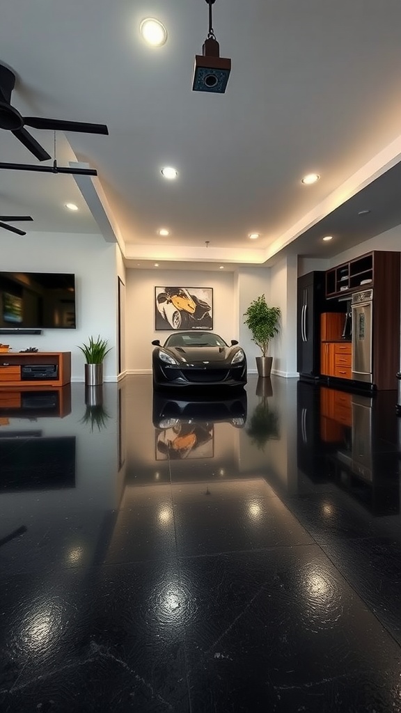 A modern space featuring a black epoxy garage floor with a sleek car, stylish furniture, and contemporary decor.