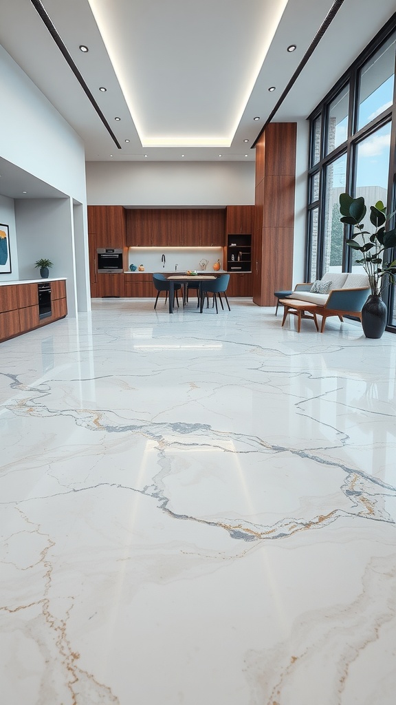 Modern kitchen with marble-inspired epoxy flooring, showcasing a minimalist design aesthetic.