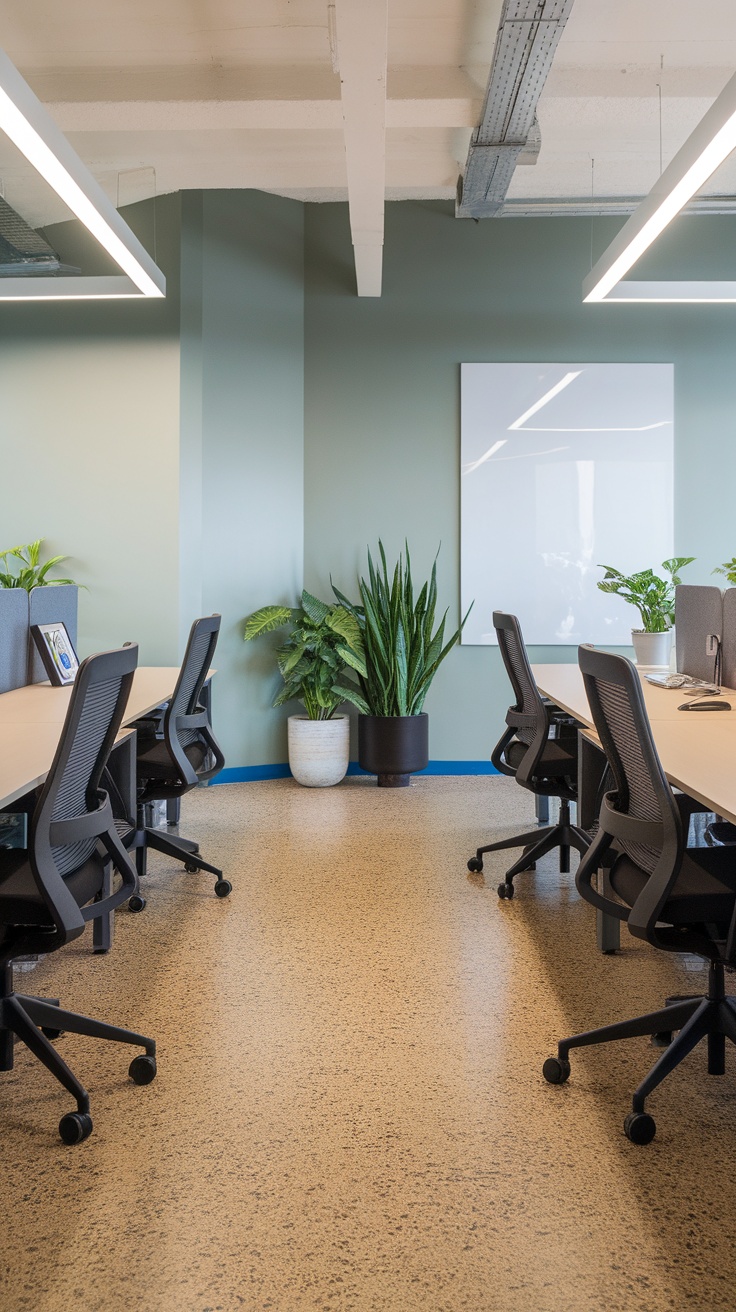 Modern office space featuring epoxy flake flooring, green walls, and plants.