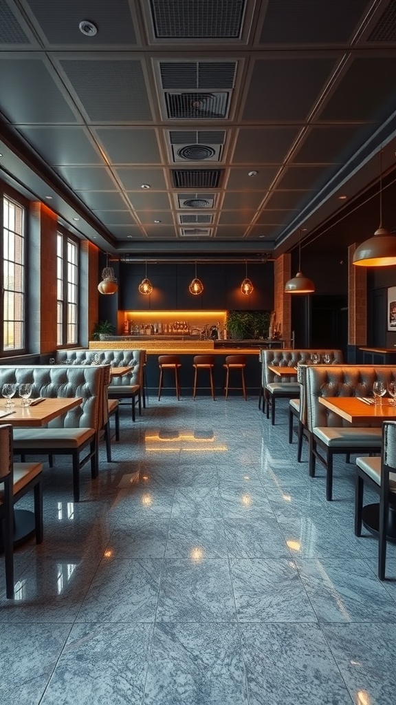 A modern restaurant interior featuring sleek epoxy flooring, comfortable booths, and artistic wall decor.