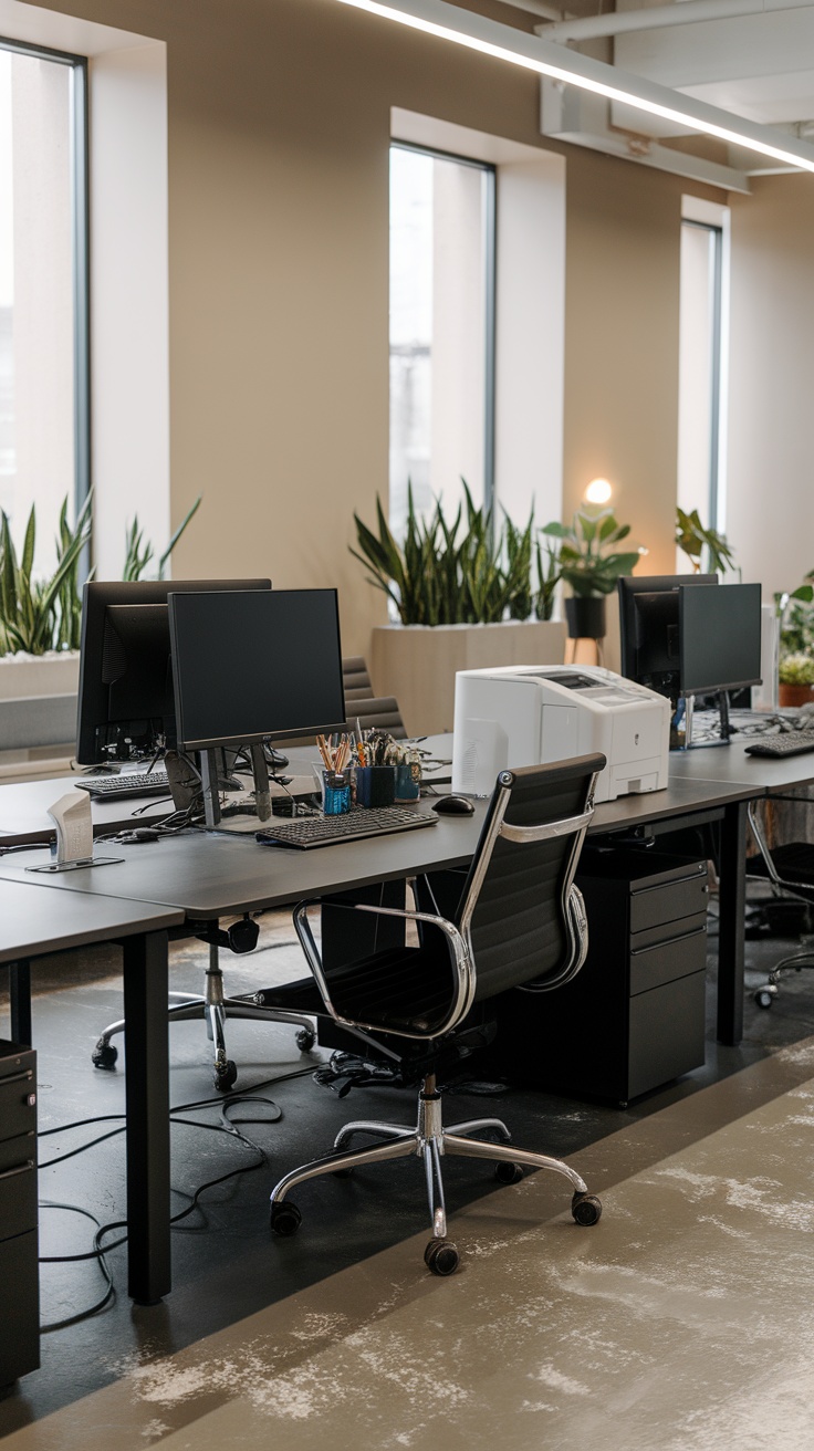 A modern office space with slate gray epoxy flooring.
