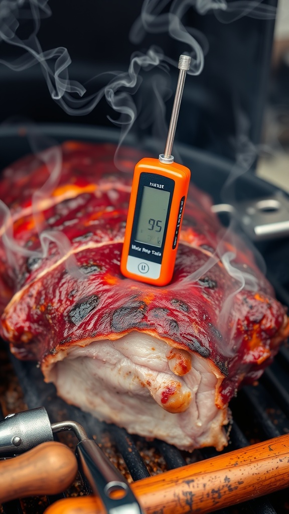 A close-up of a smoked pork shoulder with a thermometer indicating the temperature, surrounded by smoke.