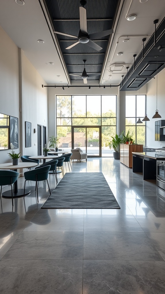 A modern interior featuring polished concrete flooring and a stylish minimalist design