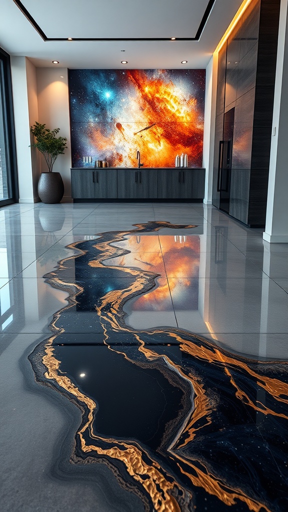 A modern room featuring a monochromatic epoxy floor with deep colors, reflecting a cohesive design.