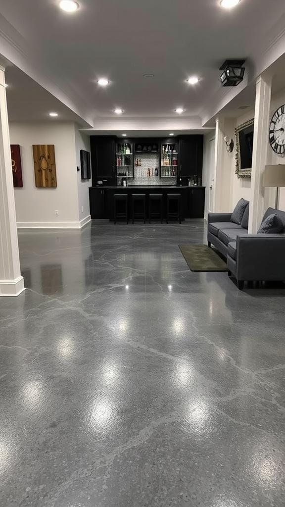 Indoor basement lounge with a sleek epoxy concrete floor and modern decor.