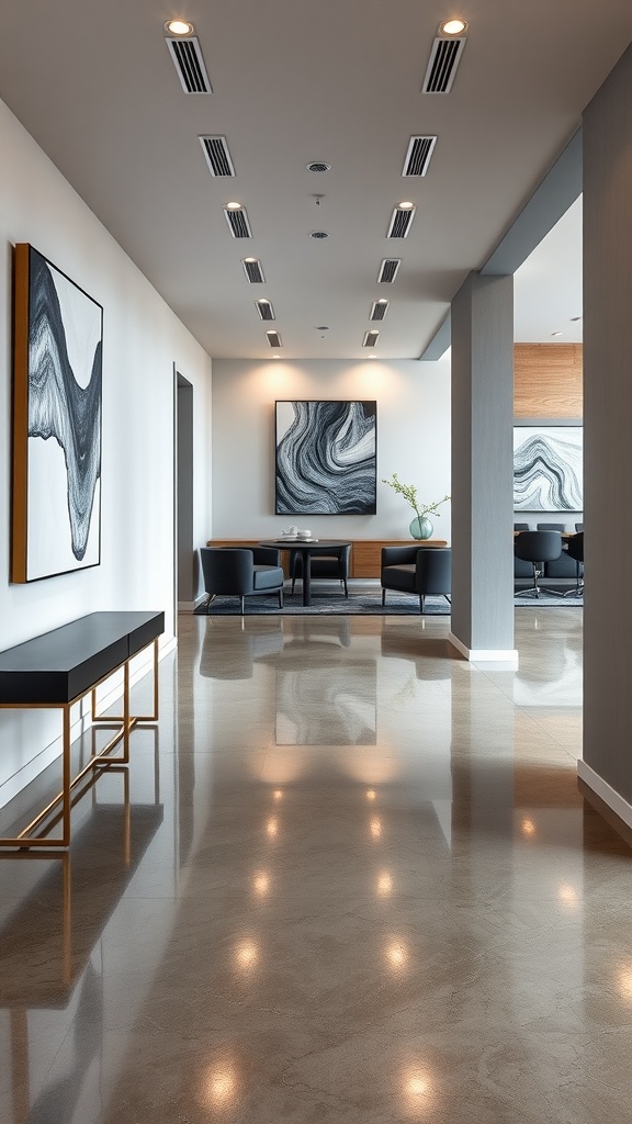 Modern interior with monochromatic epoxy concrete flooring and artwork