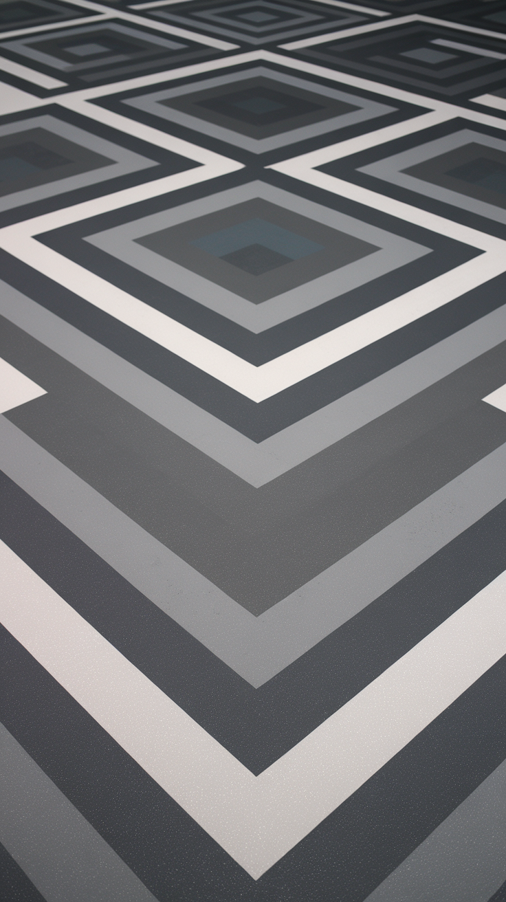 Close-up of a monochromatic epoxy flooring design with geometric patterns in shades of gray and white.