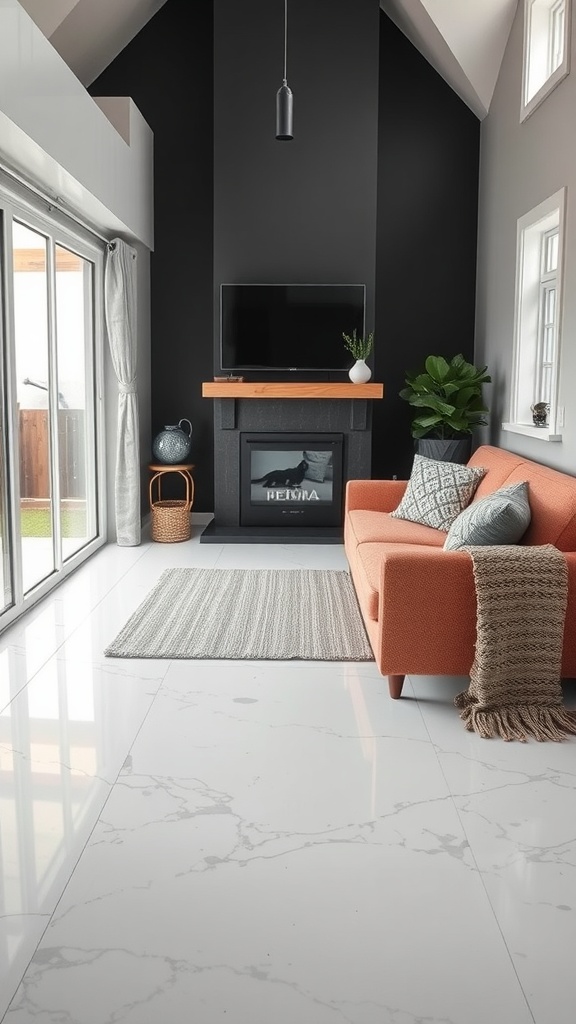 A modern interior featuring a sleek epoxy floor, minimalist furniture, and bright natural light.