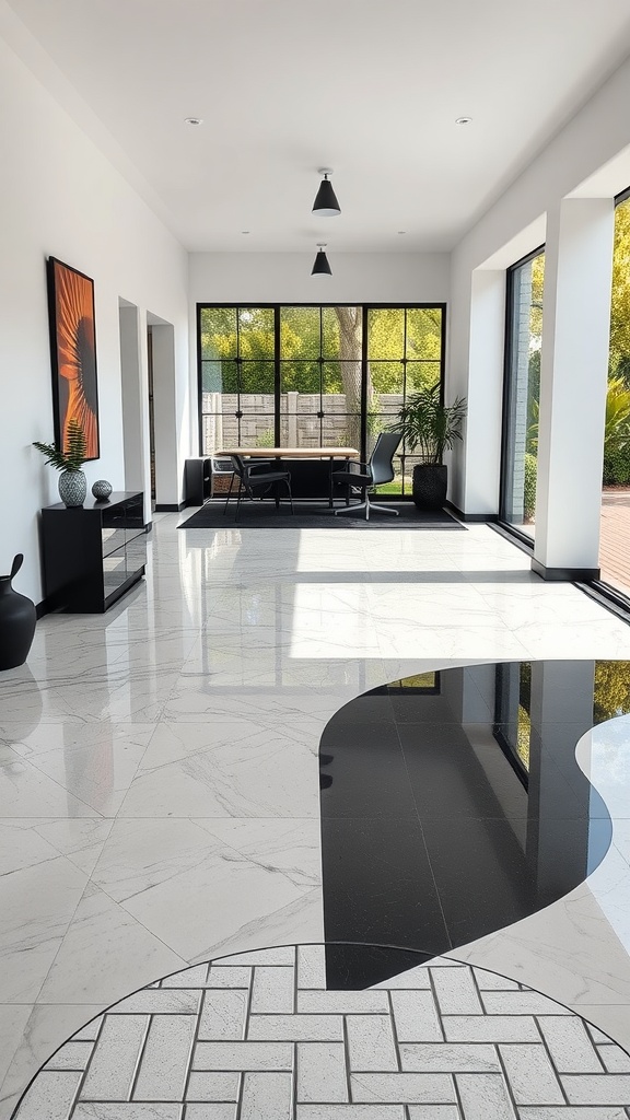 A minimalist interior featuring a black and white epoxy floor design with large windows and modern decor.